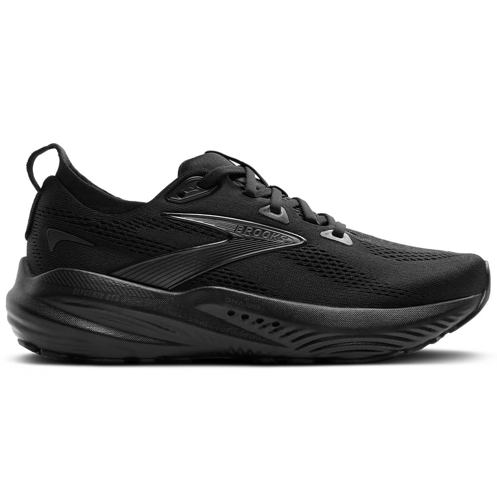 Side view on white background of Womens Brooks Glycerin running shoe in Black/Black/Ebony, Medium (Regular) width