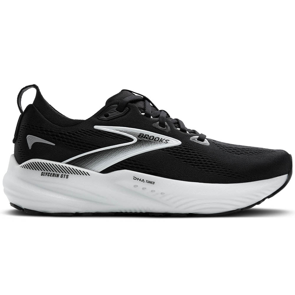Side view on white background of Womens Brooks Glycerin running shoe in Black/Grey/White, Wide width