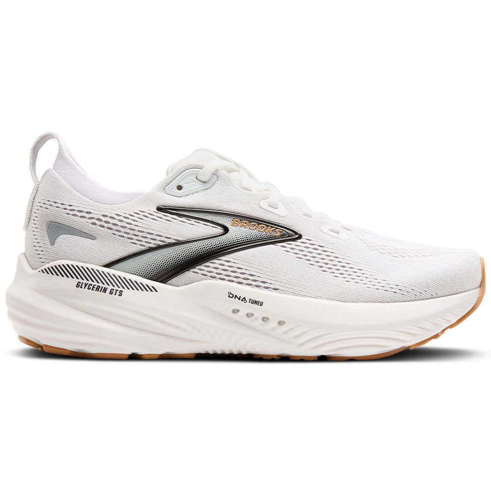Side view on white background of Womens Brooks Glycerin running shoe in White/Grey/Black, Medium (Regular) width