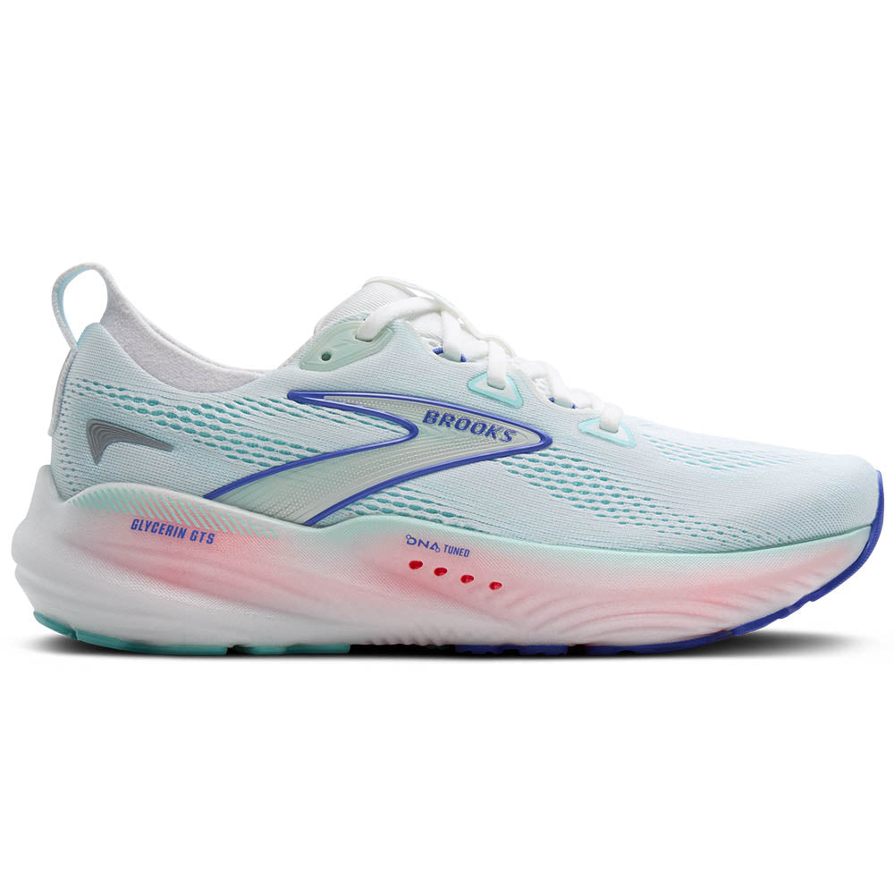 Side view on white background of Womens Brooks Glycerin running shoe in White/Limpet Shell/Amparo Blue, Medium (Regular) width