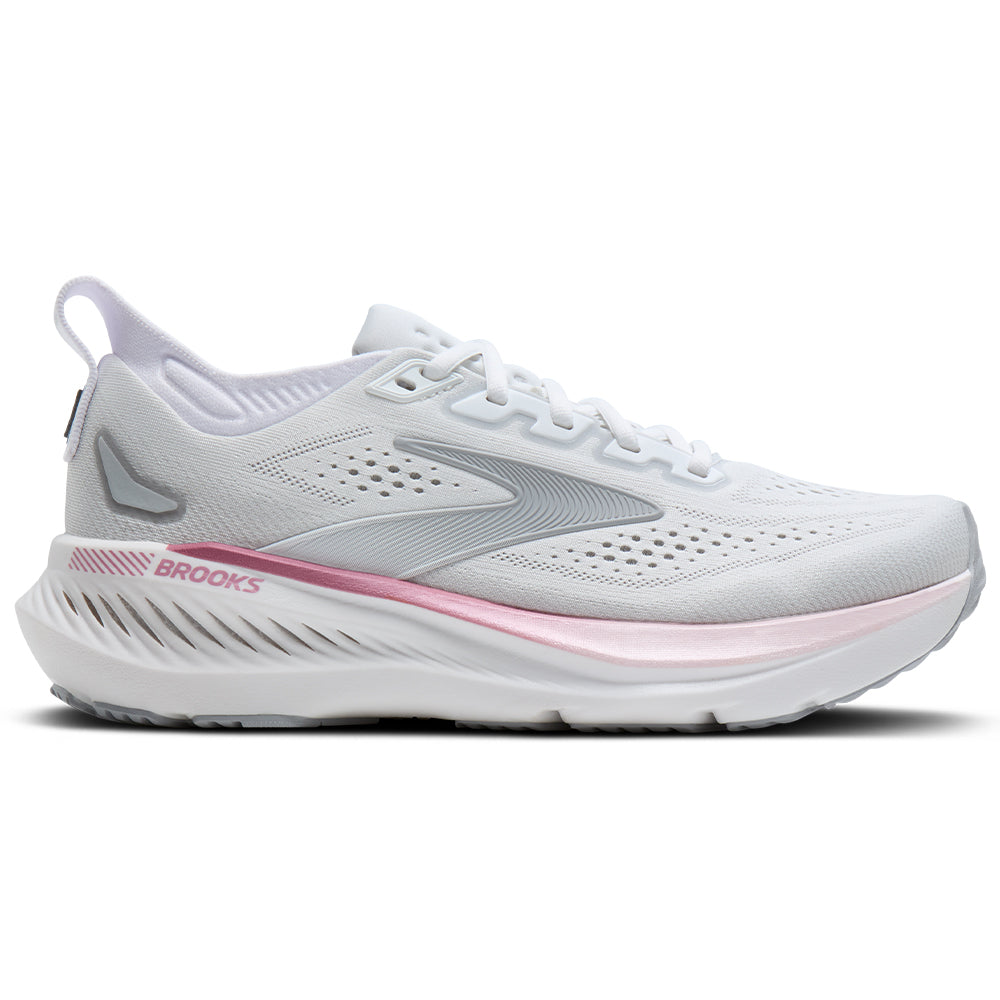 Side view on white background of Womens Brooks Glycerin running shoe in White/Harbor Mist/Metallic, Medium (Regular) width