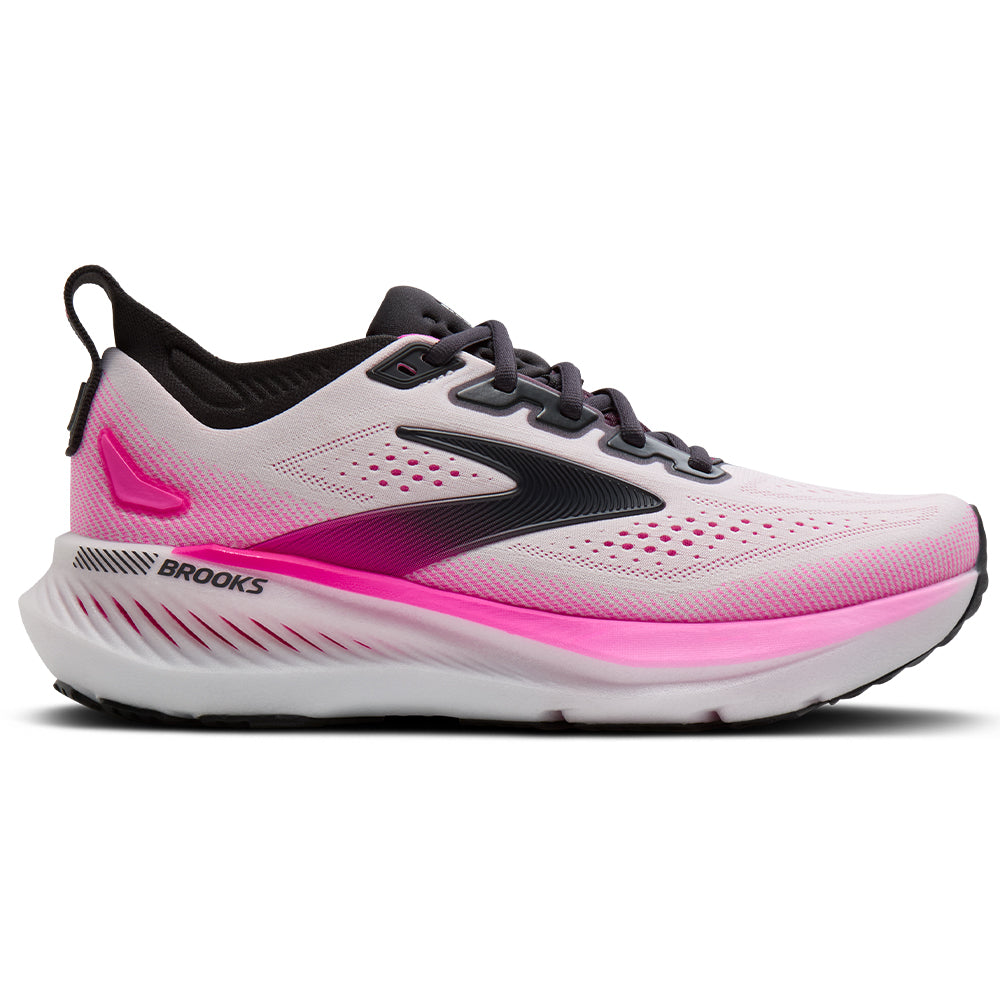 Side view on white background of Womens Brooks Glycerin running shoe in White/Phantom/Cyber Pink, Medium (Regular) width