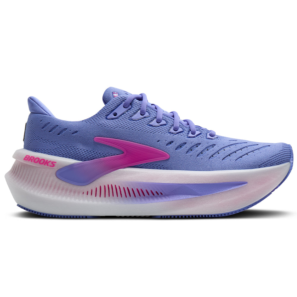 Side view on white background of Womens Brooks Glycerin running shoe in Blazing Bell/Pink/White, Medium (Regular) width