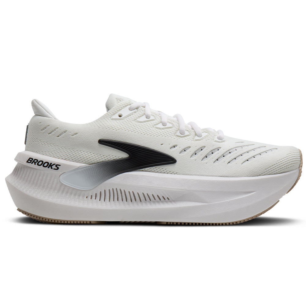 Side view on white background of Womens Brooks Glycerin running shoe in White/Black/Chateau Gray, Medium (Regular) width