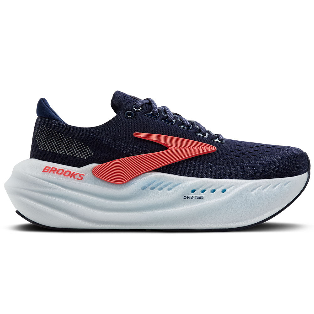 Side view on white background of Womens Brooks Glycerin running shoe in Peacoat/Blue Ribbon/Hot Coral, Medium (Regular) width