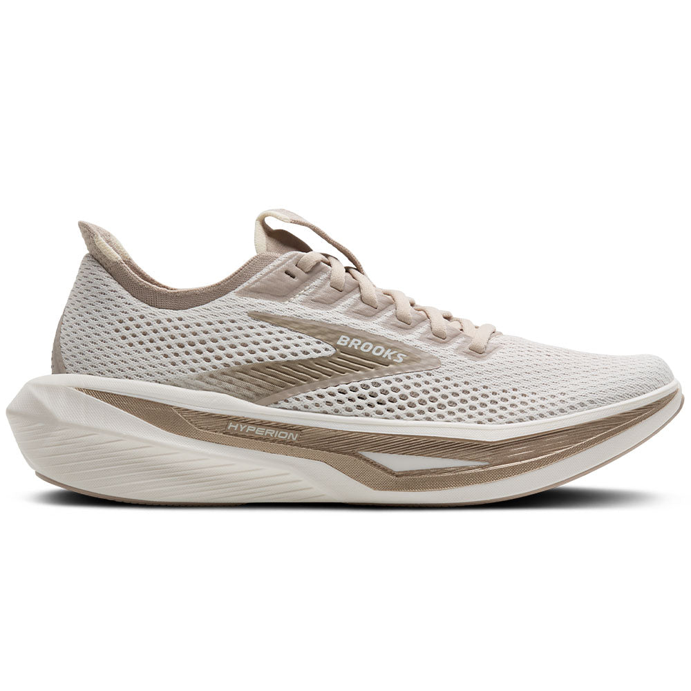 Side view on white background of Womens Brooks Hyperion running shoe in Coconut/Bronze/Mushroom, Medium (Regular) width