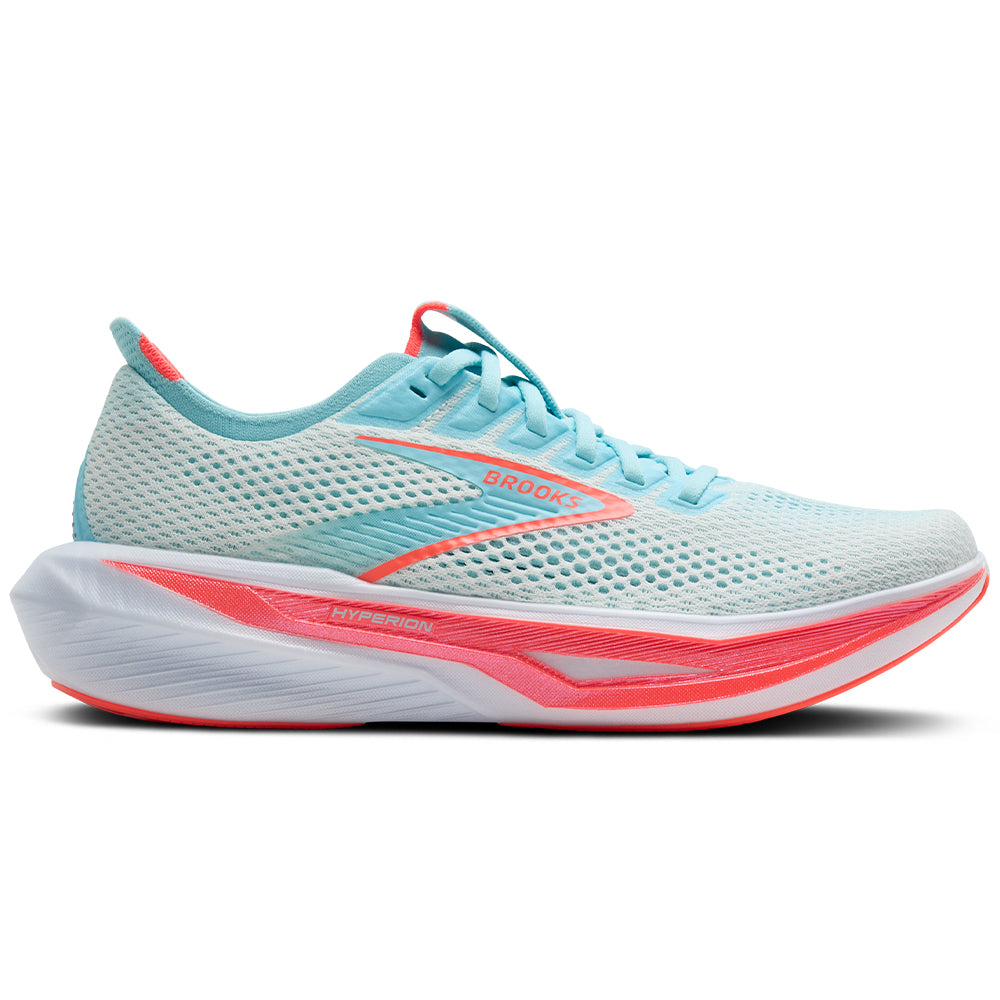Side view on white background of Womens Brooks Hyperion running shoe in White/Pink Clay/Atomizer, Medium (Regular) width