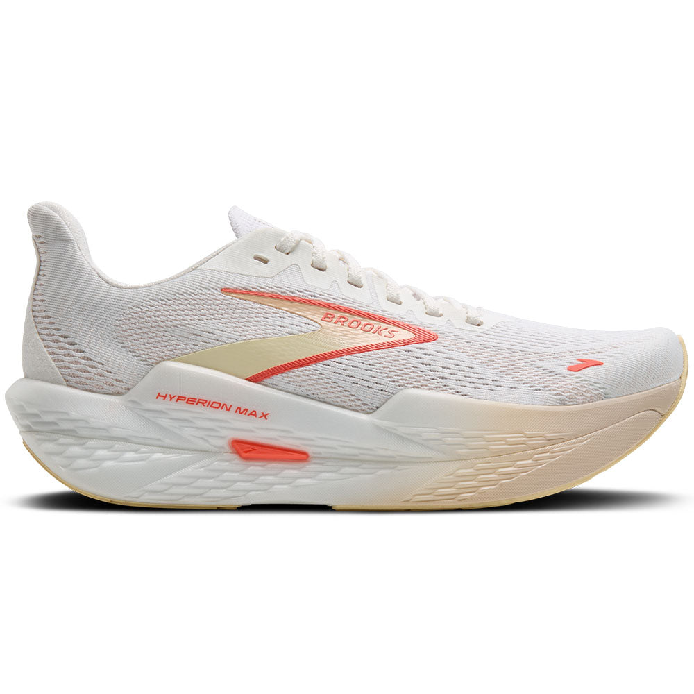 Side view on white background of Womens Brooks Hyperion running shoe in White/Peach/Coral, Medium (Regular) width