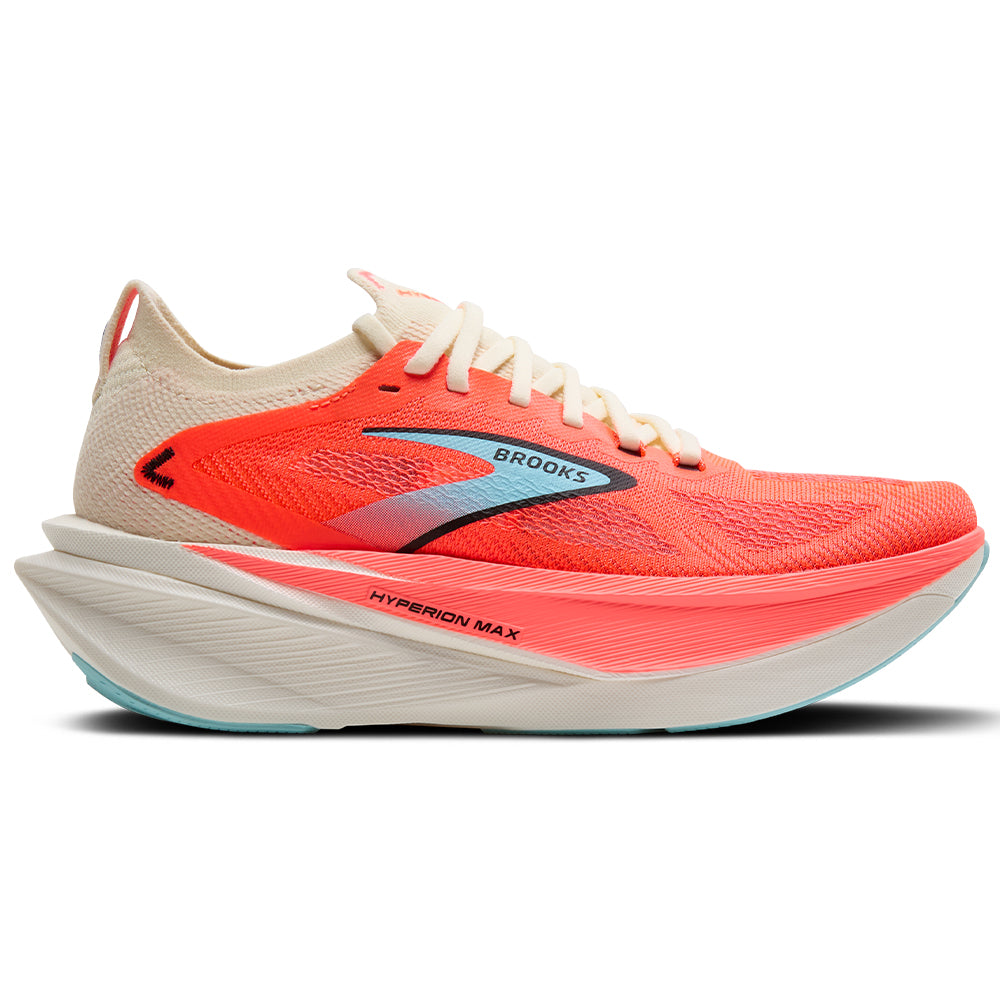 Side view on white background of Womens Brooks Hyperion running shoe in Coconut/Fiery Coral/Atomizer, Medium (Regular) width