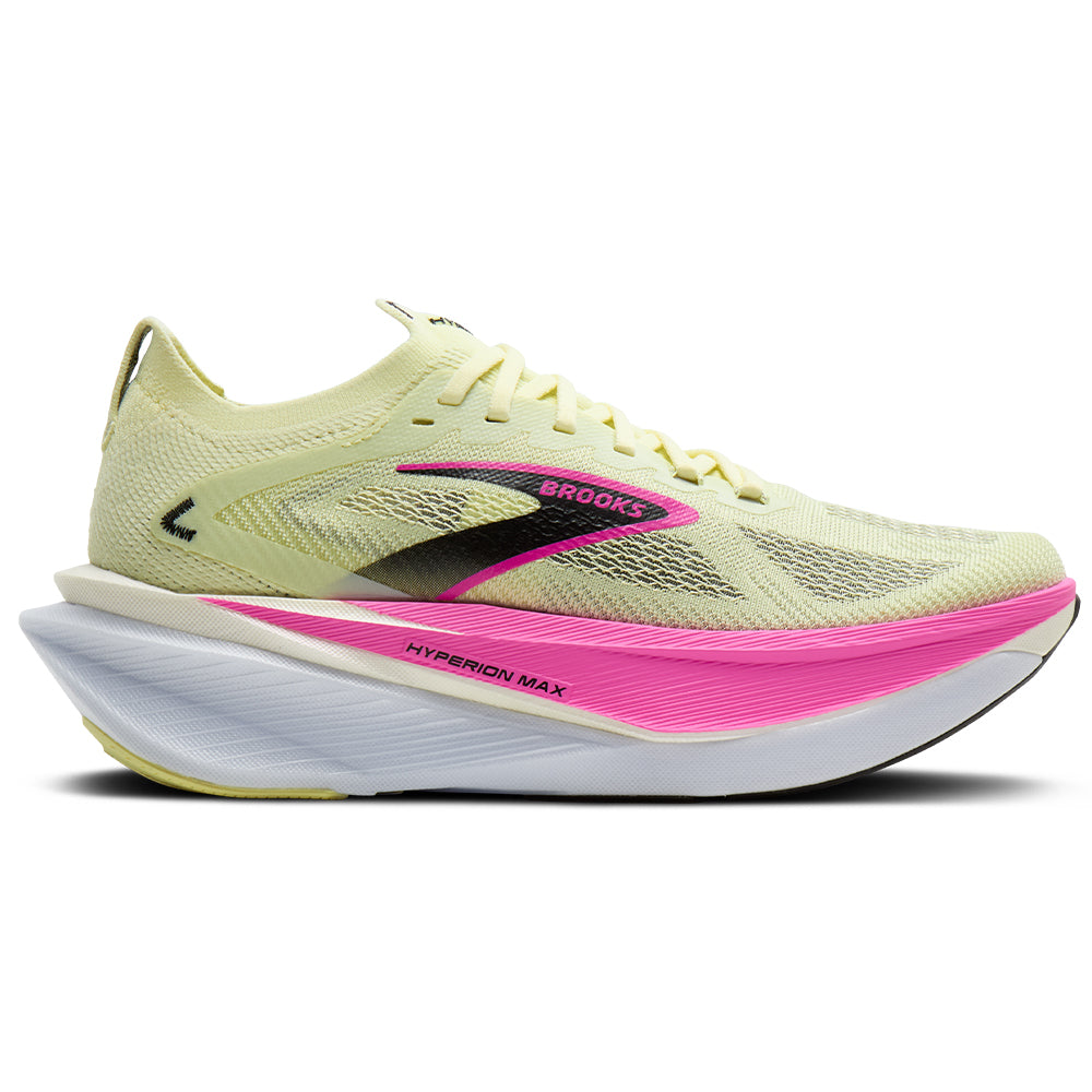 Side view on white background of Womens Brooks Hyperion running shoe in Luminary/Cyber Pink/Black, Medium (Regular) width