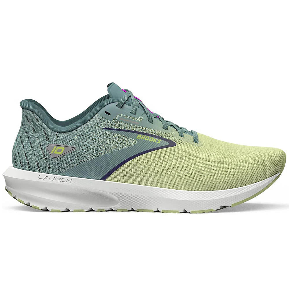 Side view on white background of Womens Brooks Launch 10 running shoe in Lime and Mineral Blue and Wisteria, Medium width