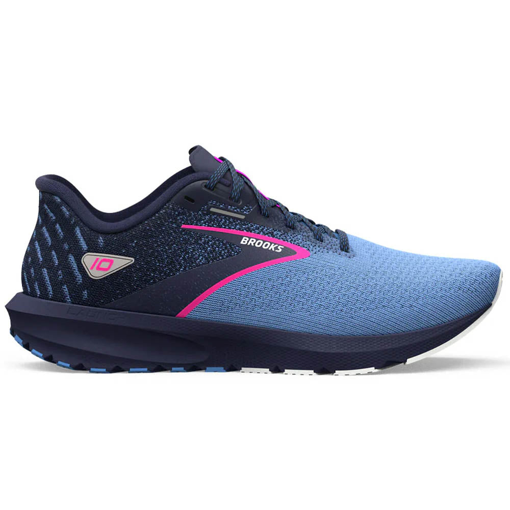 Brooks Launch Womens running shoes in Peacoat/Marina Blue/Pink Glo - side view on a white background