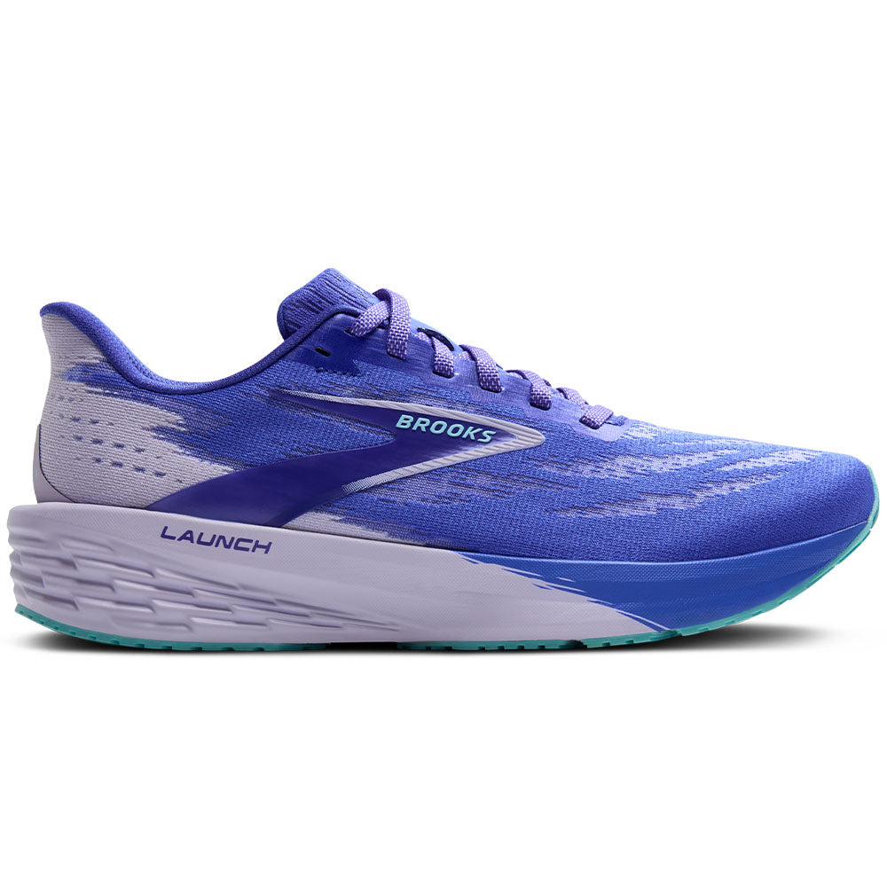 Side view on white background of Womens Brooks Launch running shoe in Amparo/Thistle/Limpet, Medium (Regular) width
