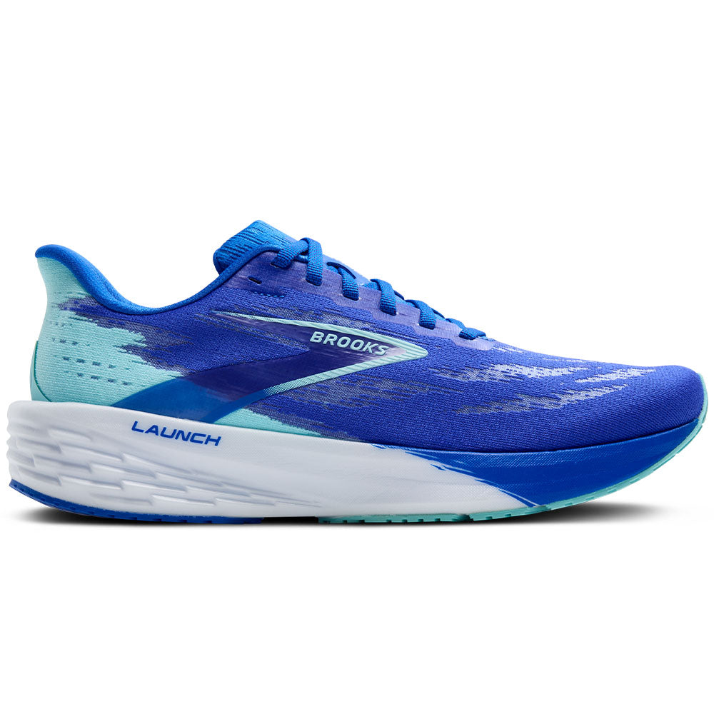 Side view on white background of Mens Brooks Launch running shoe in Cobalt/Limpet Shell, Medium (Regular) width
