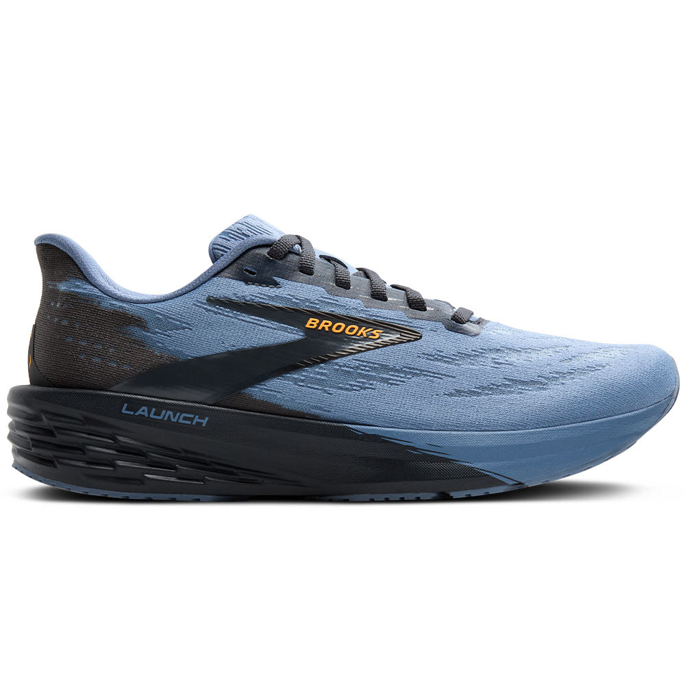 Side view on white background of Mens Brooks Launch running shoe in Country Blue/Ebony/Orange, Medium (Regular) width