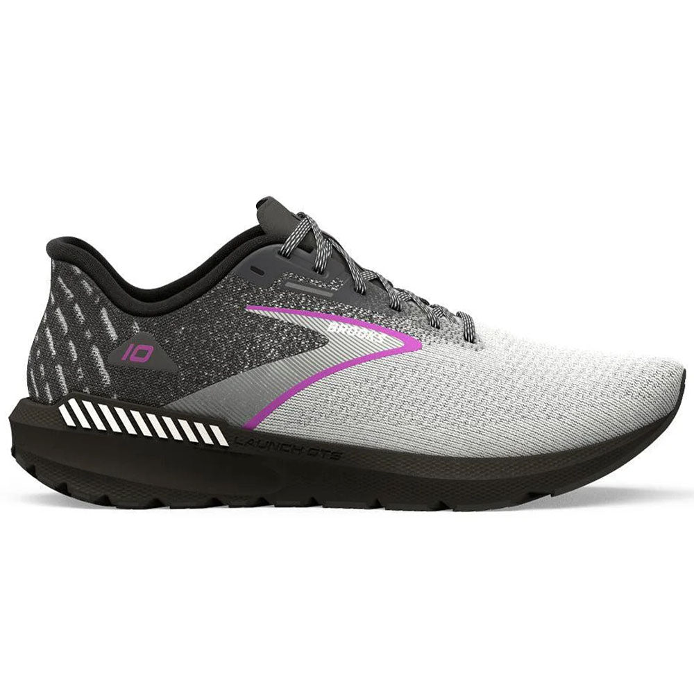 Side view on white background of Womens Brooks Launch running shoe in Black/White/Violet, Medium (Regular) width