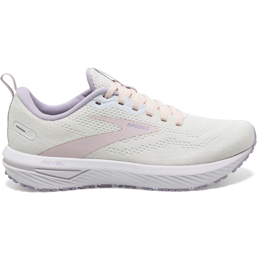 Side view on white background of Womens Brooks Revel running shoe in Marshmallow/Pink/Purple, Medium (Regular) width