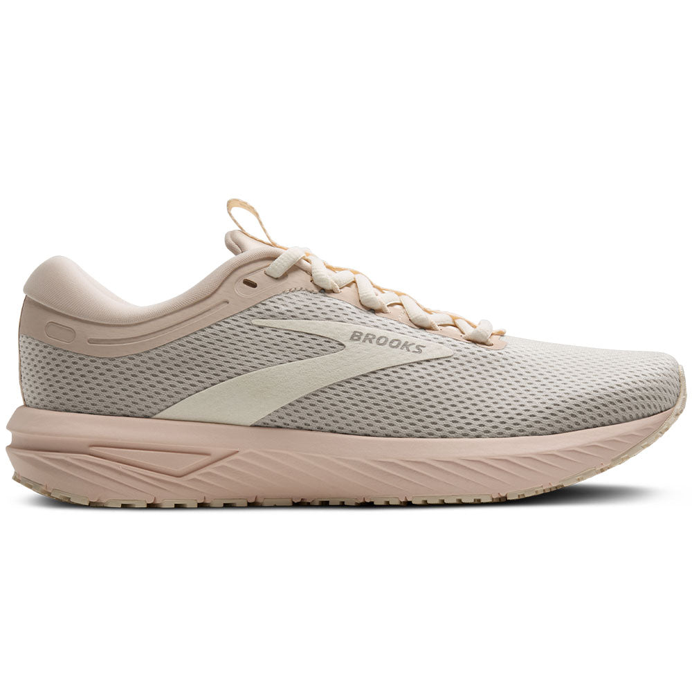 Side view on white background of Womens Brooks Revel running shoe in Almond/Coconut Milk/London Fog, Medium (Regular) width