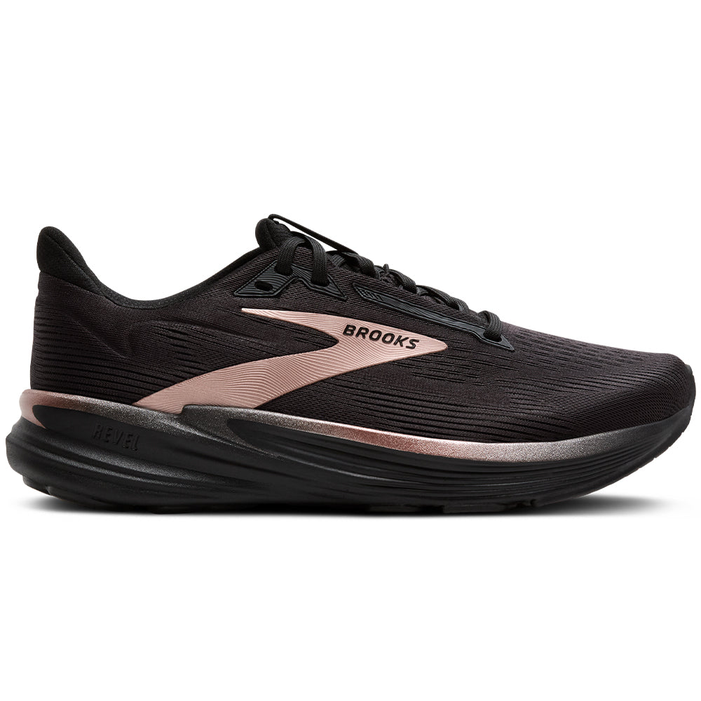 Side view on white background of Womens Brooks Revel 8 running shoe in Black/Black/Rose Gold, Medium (Regular) width