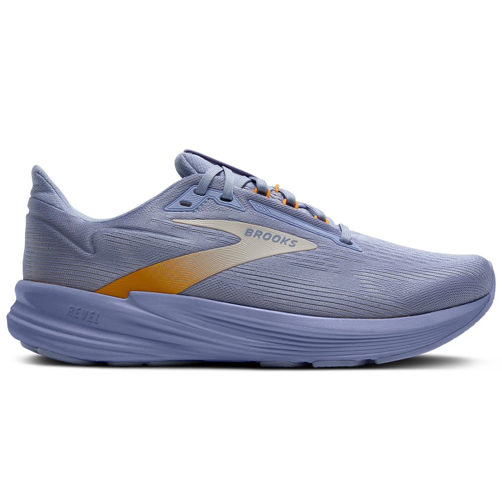 Side view on white background of Womens Brooks Revel 8 running shoe in Blue Heron/Coconut/Orange, Medium (Regular) width