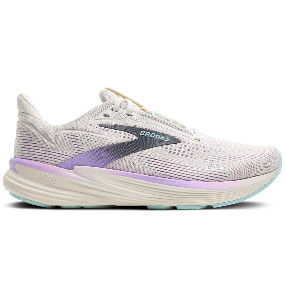 Side view on white background of Womens Brooks Revel running shoe in Coconut/Purple Rose/Clearwater, Medium (Regular) width