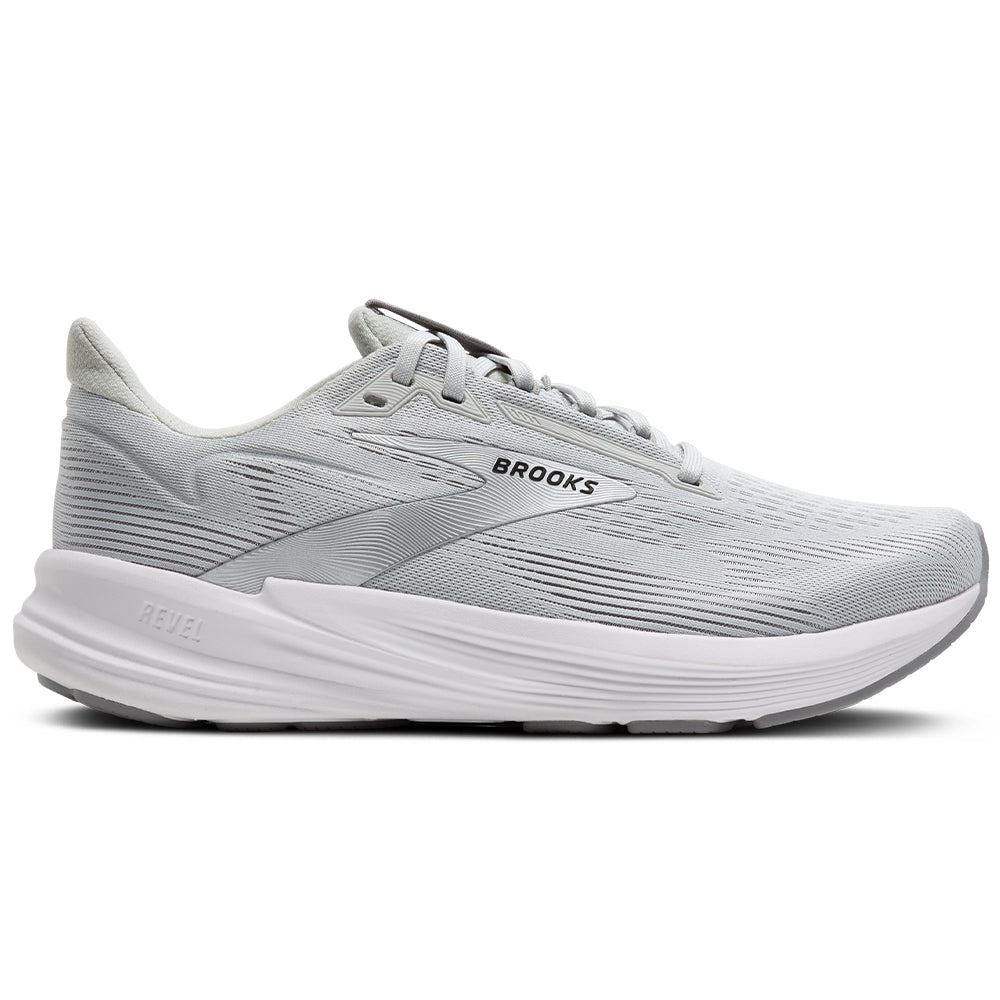 Side view on white background of Womens Brooks Revel running shoe in Oyster Mushroom/Alloy/Silver, Medium (Regular) width