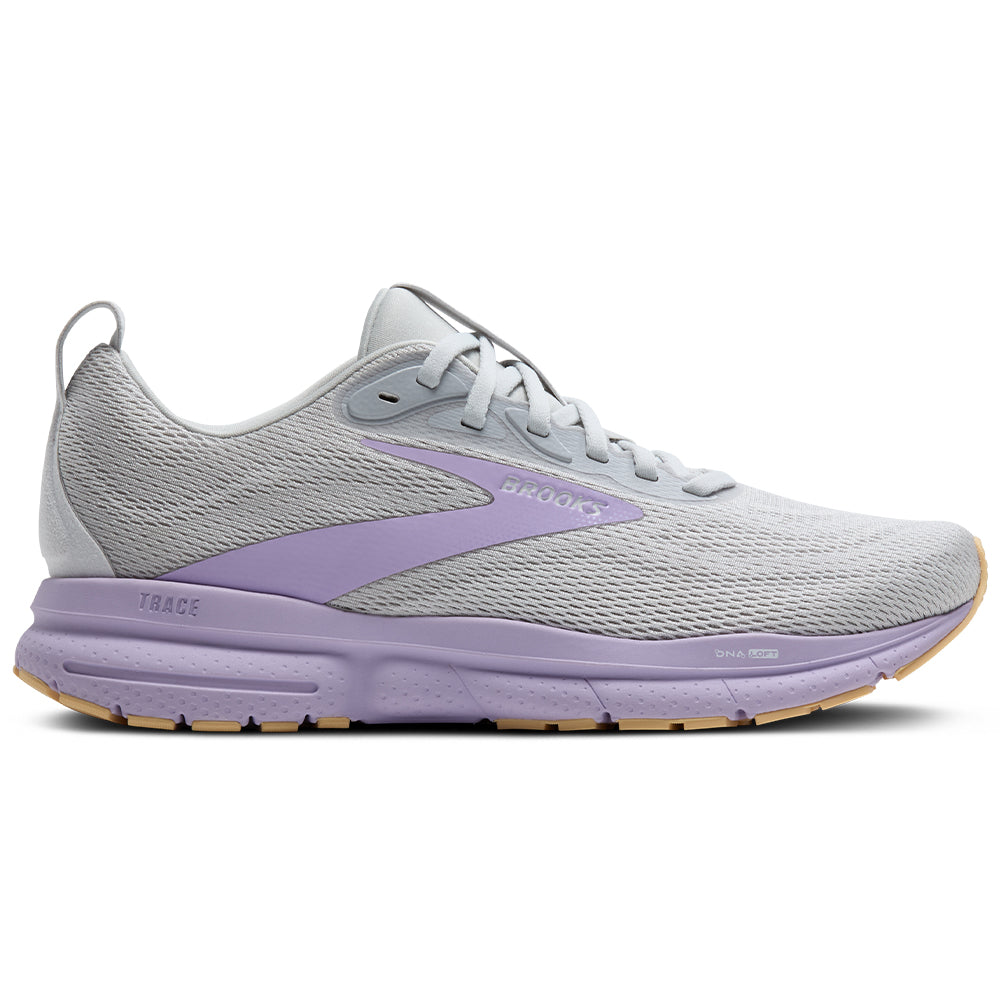 Side view on white background of Womens Brooks Trace running shoe in Oyster/Purple/Sherbert, Medium (Regular) width