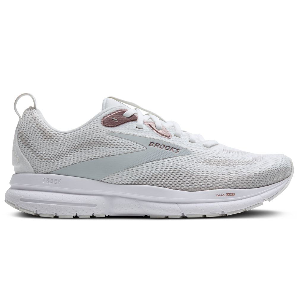 Side view on white background of Womens Brooks Trace running shoe in White/Oyster/Rose, Medium (Regular) width