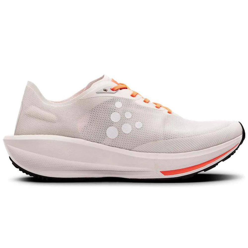 Side view on white background of Womens Craft CTM Ultra running shoe in Ash White-Shock, Medium (Regular) width