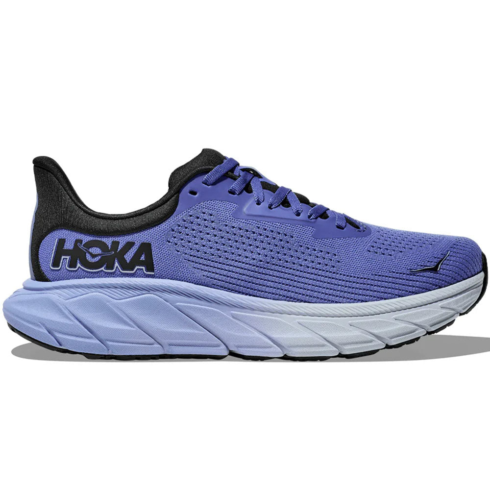 Side view on white background of Womens Hoka Arahi running shoe in Stellar Blue/Cosmos, Medium (Regular) width