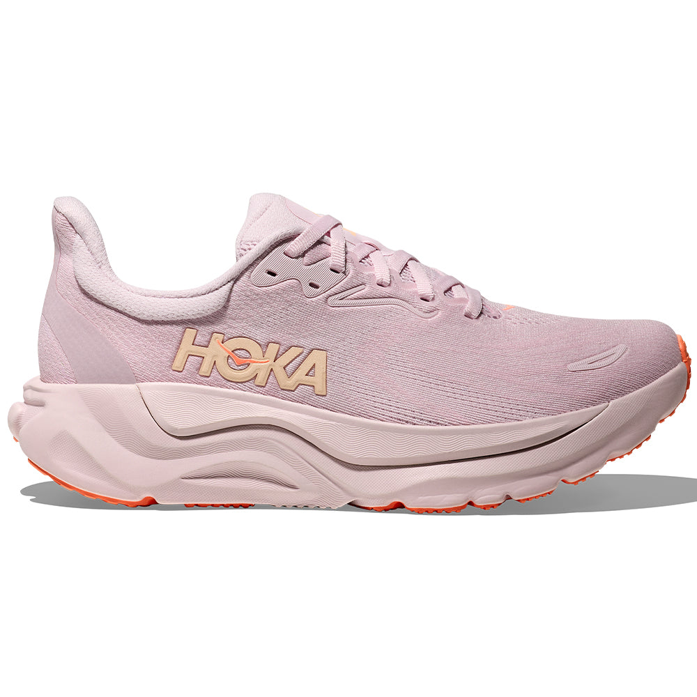 Side view on white background of Womens Hoka Arahi running shoe in Lilac Cream/Neon Cantaloupe, Medium (Regular) width