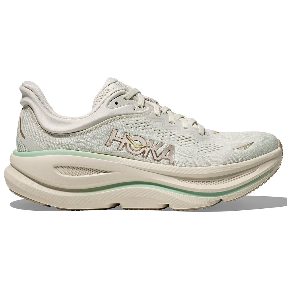 Side view on white background of Womens Hoka Bondi running shoe in Truffle Salt/Sea Glass, Medium (Regular) width
