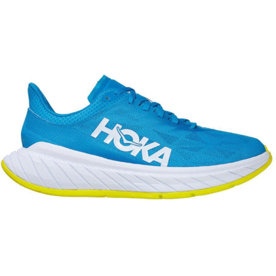 Side view on white background of Womens Hoka Carbon X running shoe in Diva Blue/Citrus, Medium (Regular) width