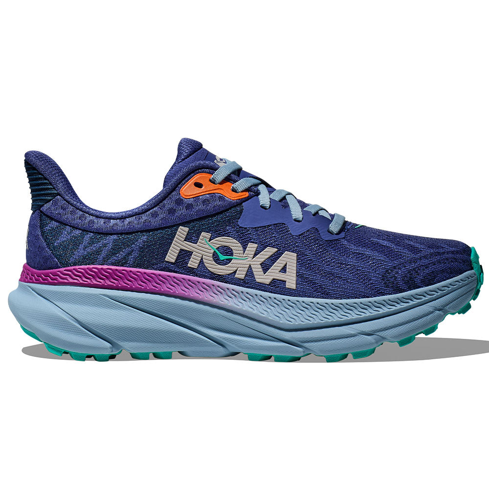 Side view on white background of Womens Hoka Challenger ATR running shoe in Evening Sky/Drizzle, Narrow width