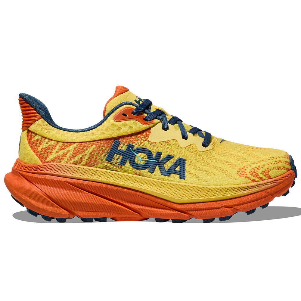 Side view on white background of Womens Hoka Challenger ATR running shoe in Lemonade/Squash, Medium (Regular) width