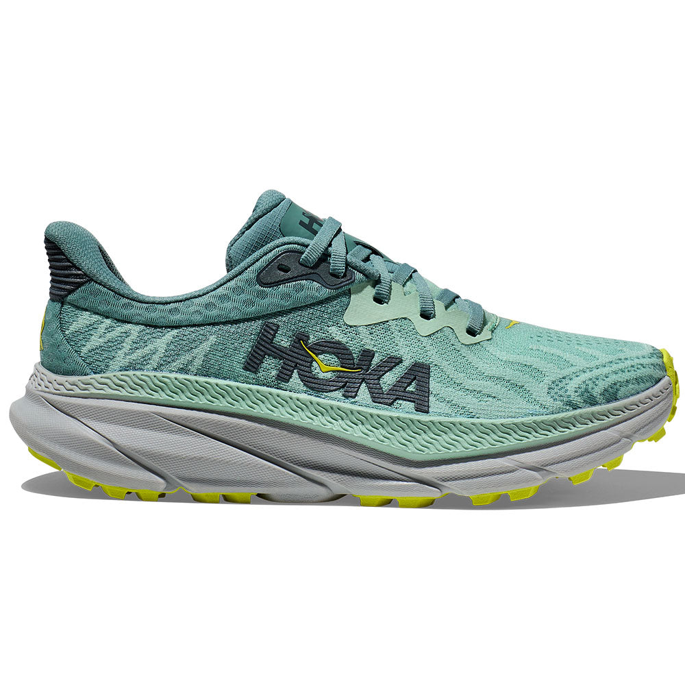 Side view on white background of Womens Hoka Challenger ATR running shoe in Mist Green/Trellis, Medium (Regular) width