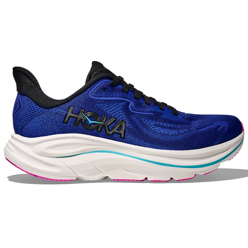 Side view on white background of Womens Hoka Clifton running shoe in Night Sky/Ultramarine, Medium (Regular) width