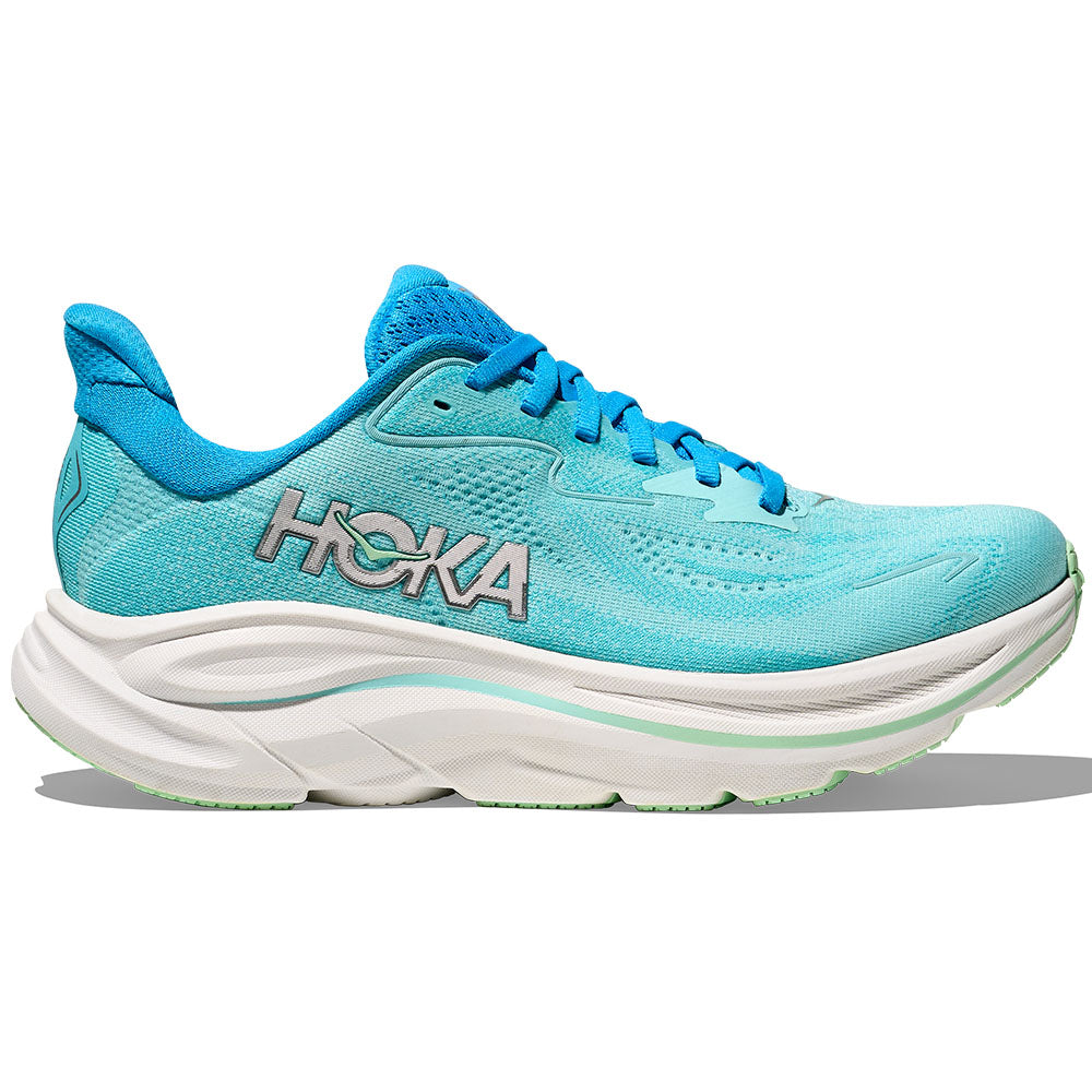 Side view on white background of Womens Hoka Clifton running shoe in Skyward Blue/Cielo Blue, Medium (Regular) width