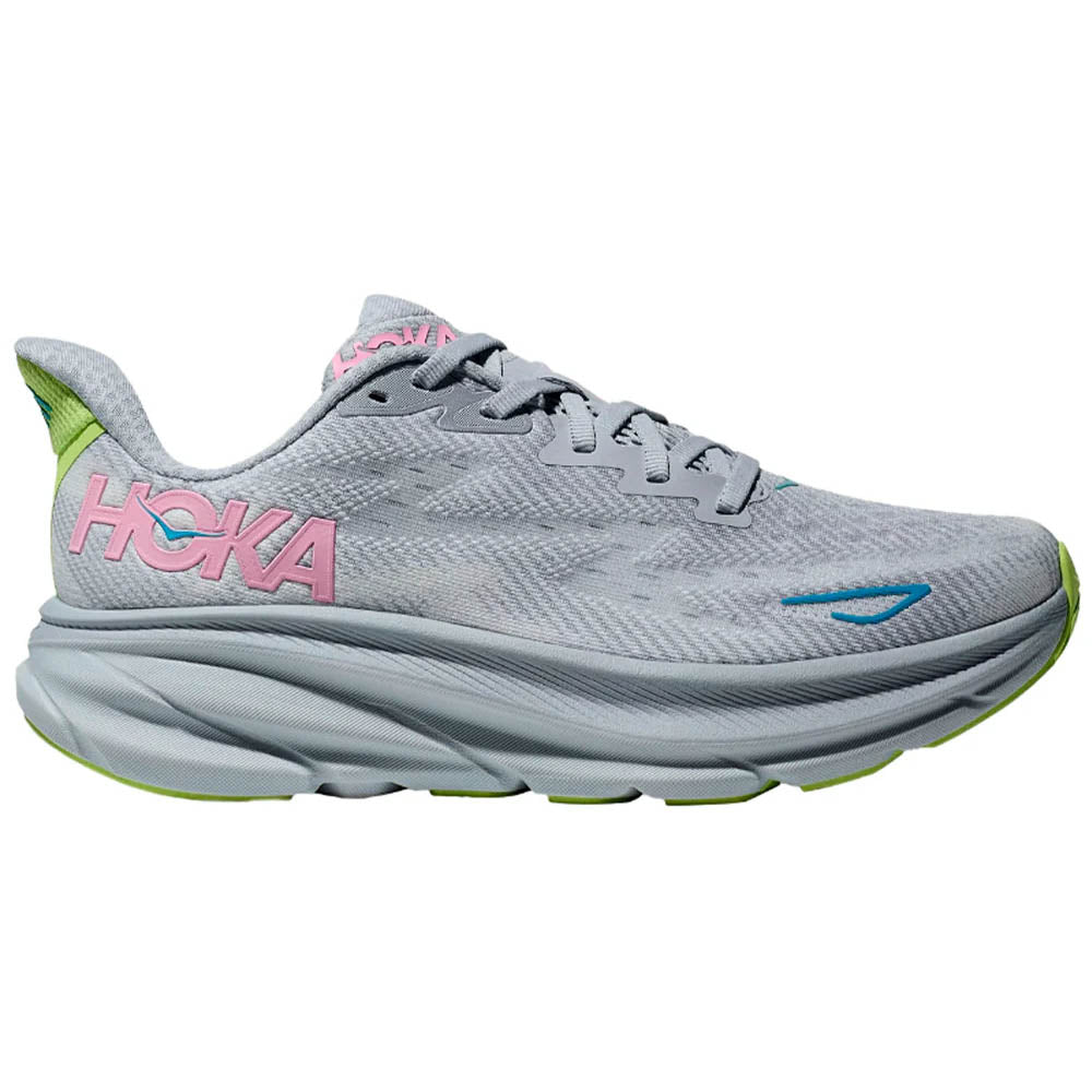 Side view on white background of Womens Hoka Clifton running shoe in Gull/Sea Ice, Wide width
