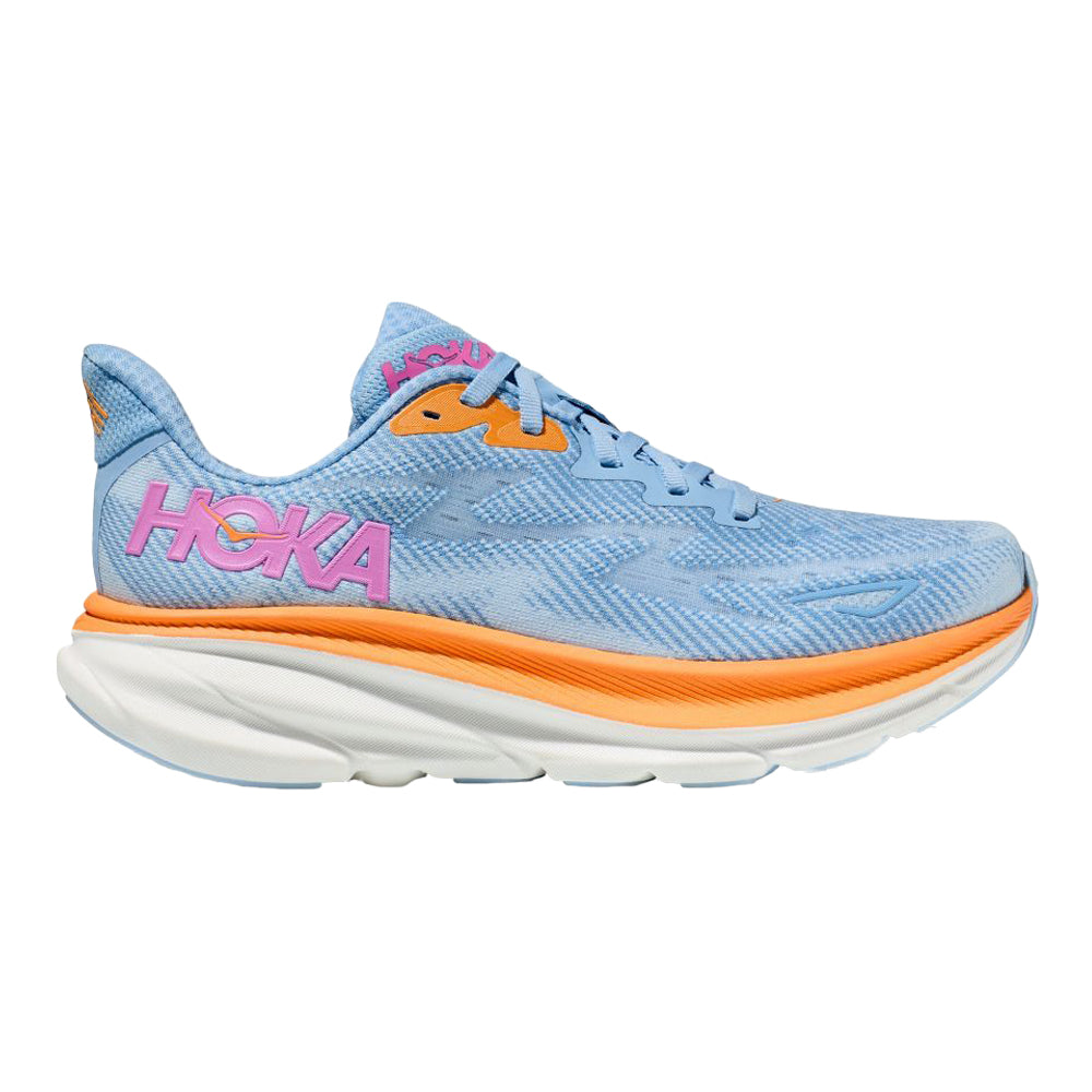 Side view on white background of Womens Hoka Clifton running shoe in Airy Blue/Ice Water, Wide width