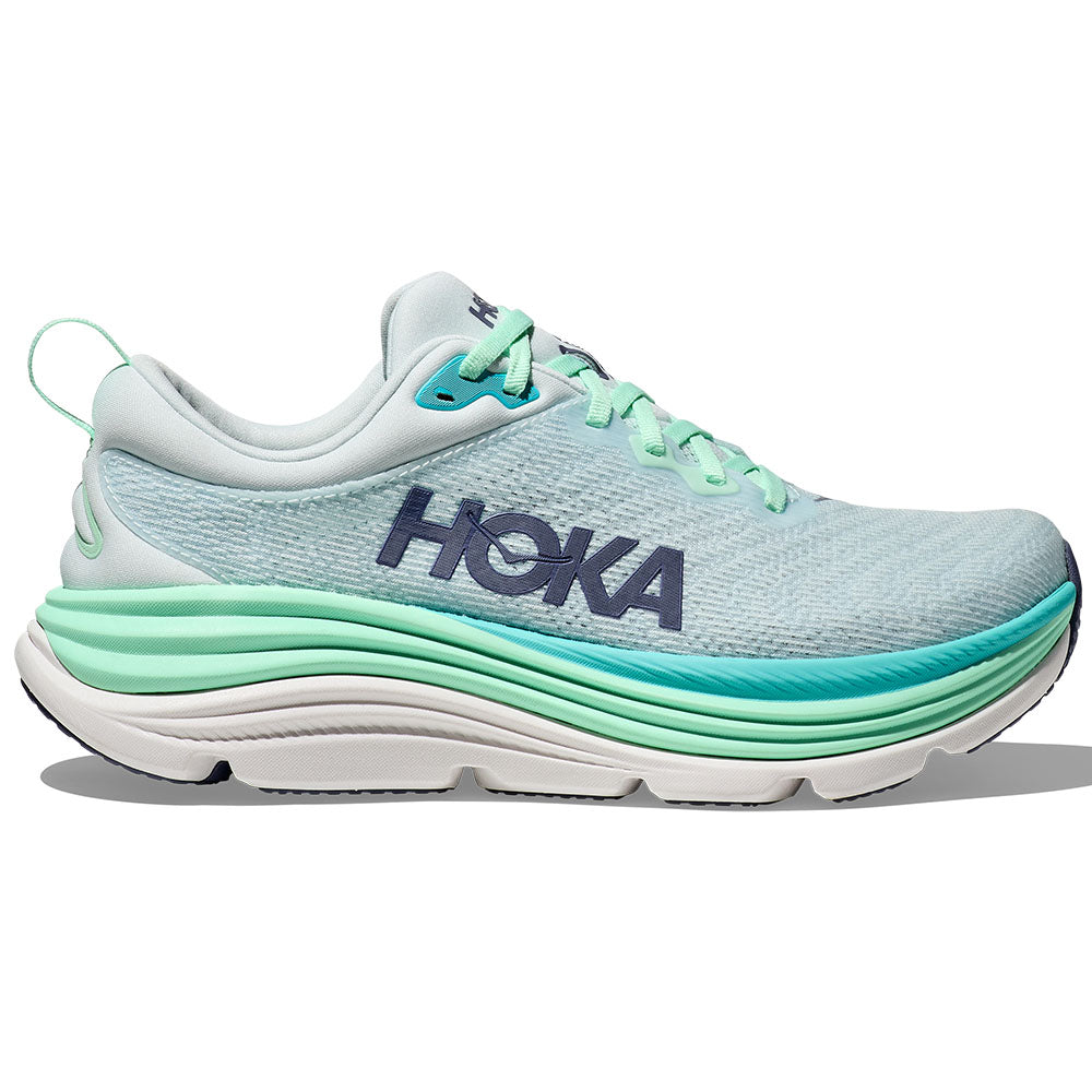 Side view on white background of Womens Hoka Gaviota running shoe in Snow Melt/Cielo Blue, Medium (Regular) width