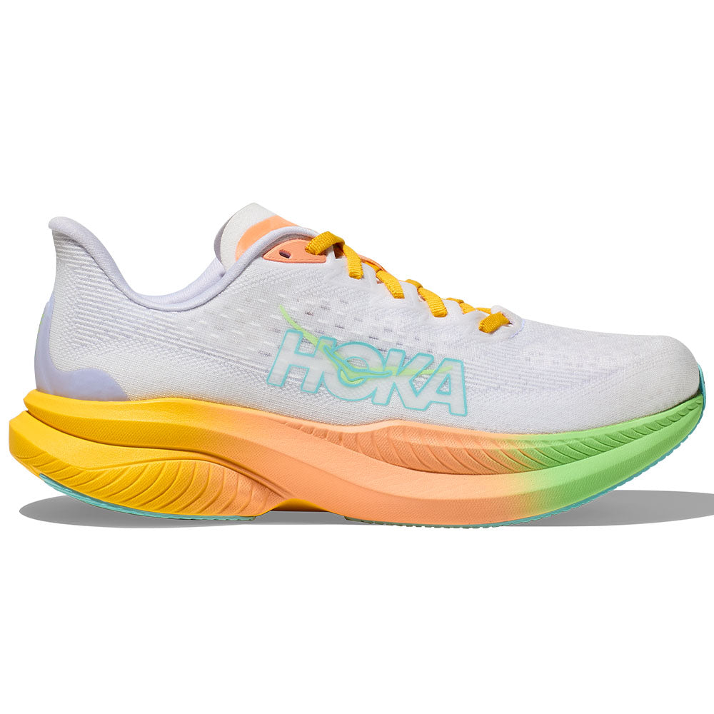Side view on white background of Womens Hoka Mach running shoe in Frost/Starlight Glow, Medium (Regular) width
