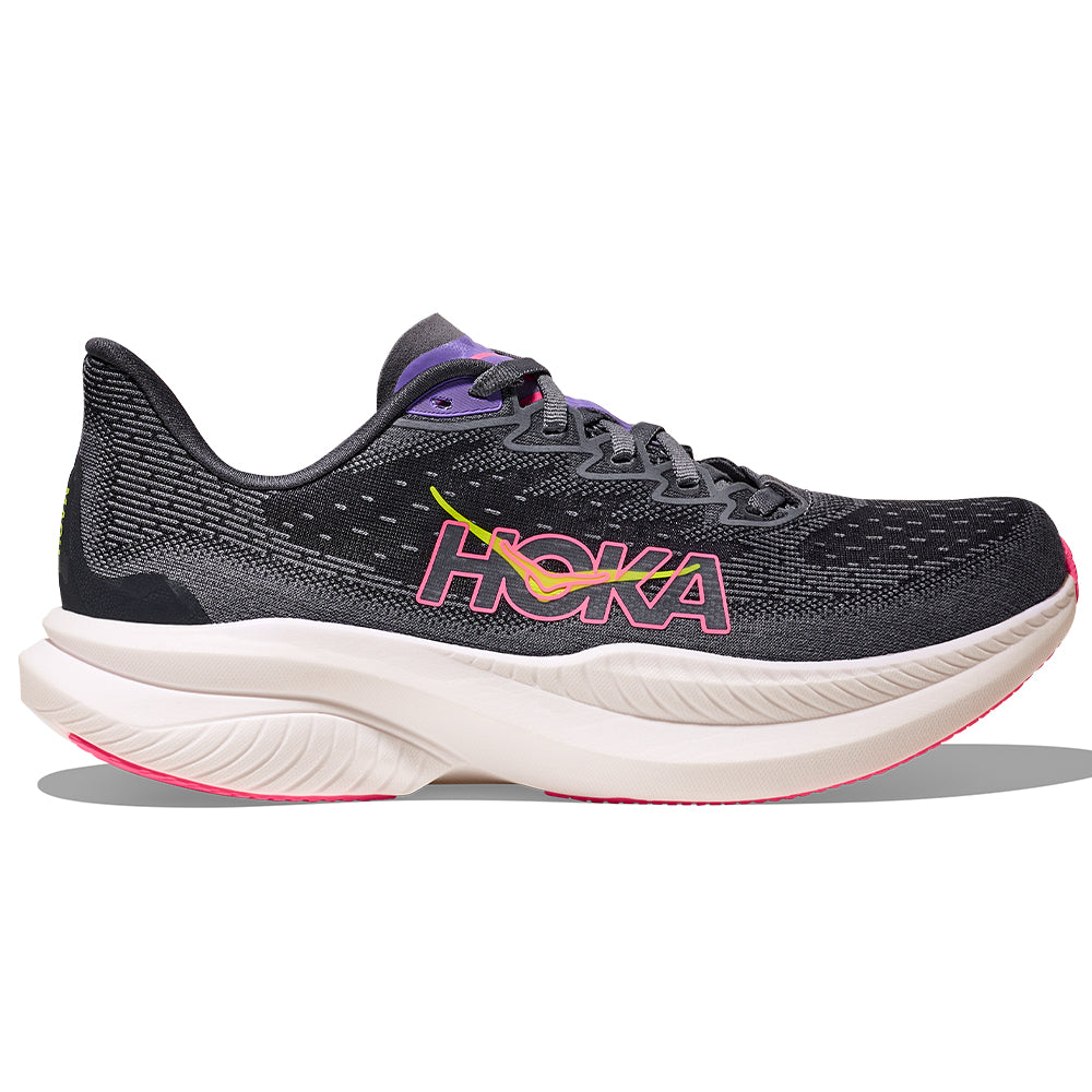 Side view on white background of Womens Hoka Mach running shoe in Grey Skies/Charcoal Grey, Medium (Regular) width