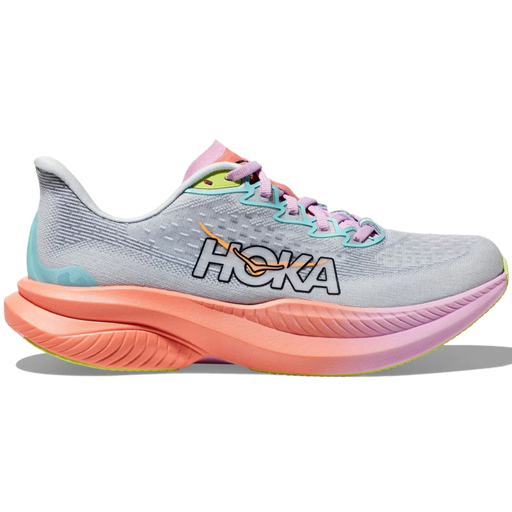 Side view on white background of Womens Hoka Mach running shoe in Illusion/Dusk, Medium (Regular) width