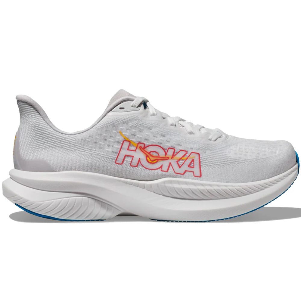 Side view on white background of Womens Hoka Mach running shoe in White/Nimbus Cloud, Medium (Regular) width