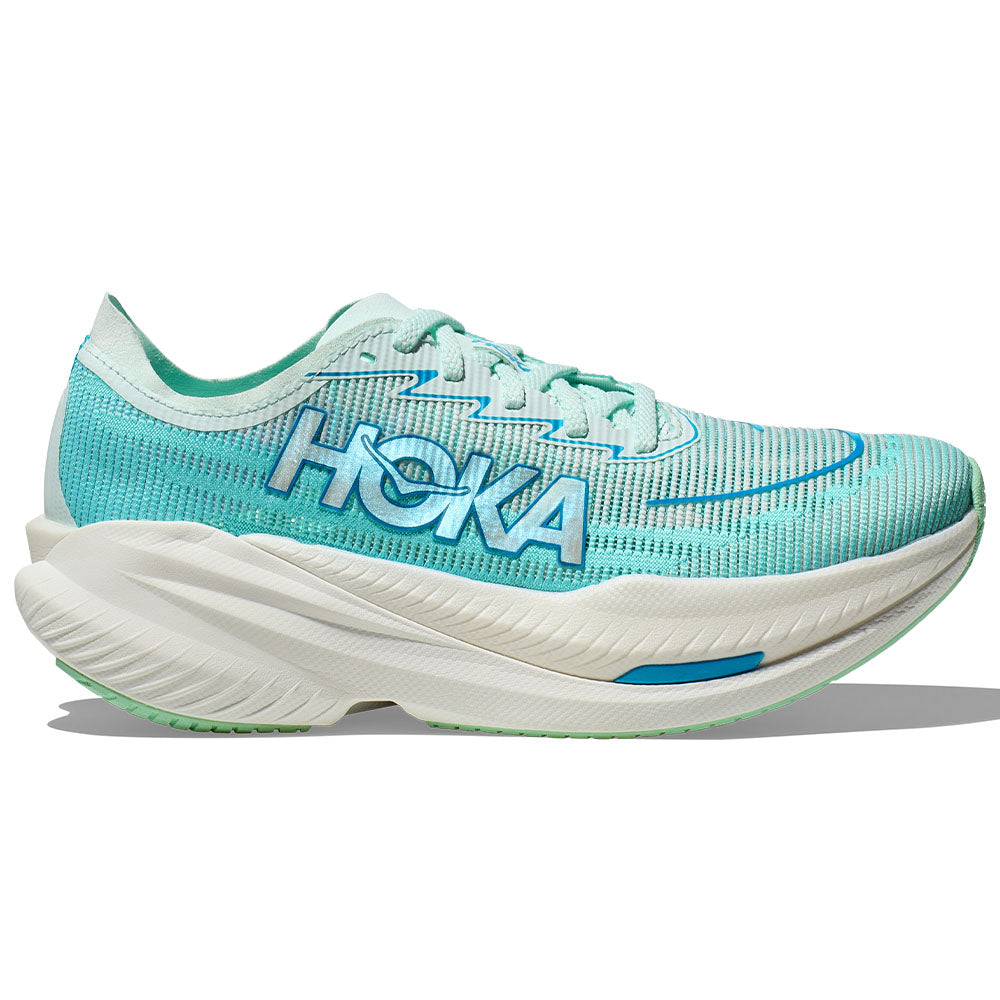 Side view on white background of Womens Hoka Mach running shoe in Snow Melt/Blue Spark, Medium (Regular) width