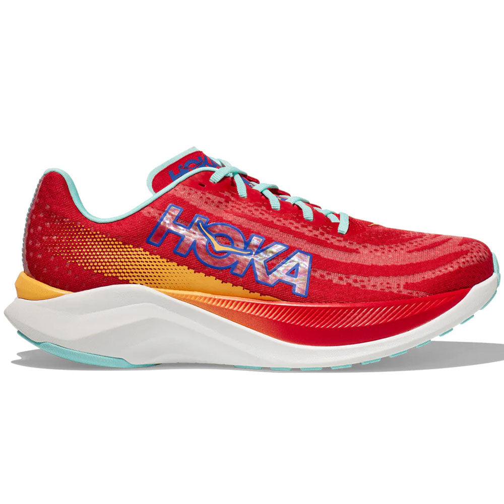 Side view on white background of Womens Hoka Mach running shoe in Cerise/Cloudless, Medium (Regular) width