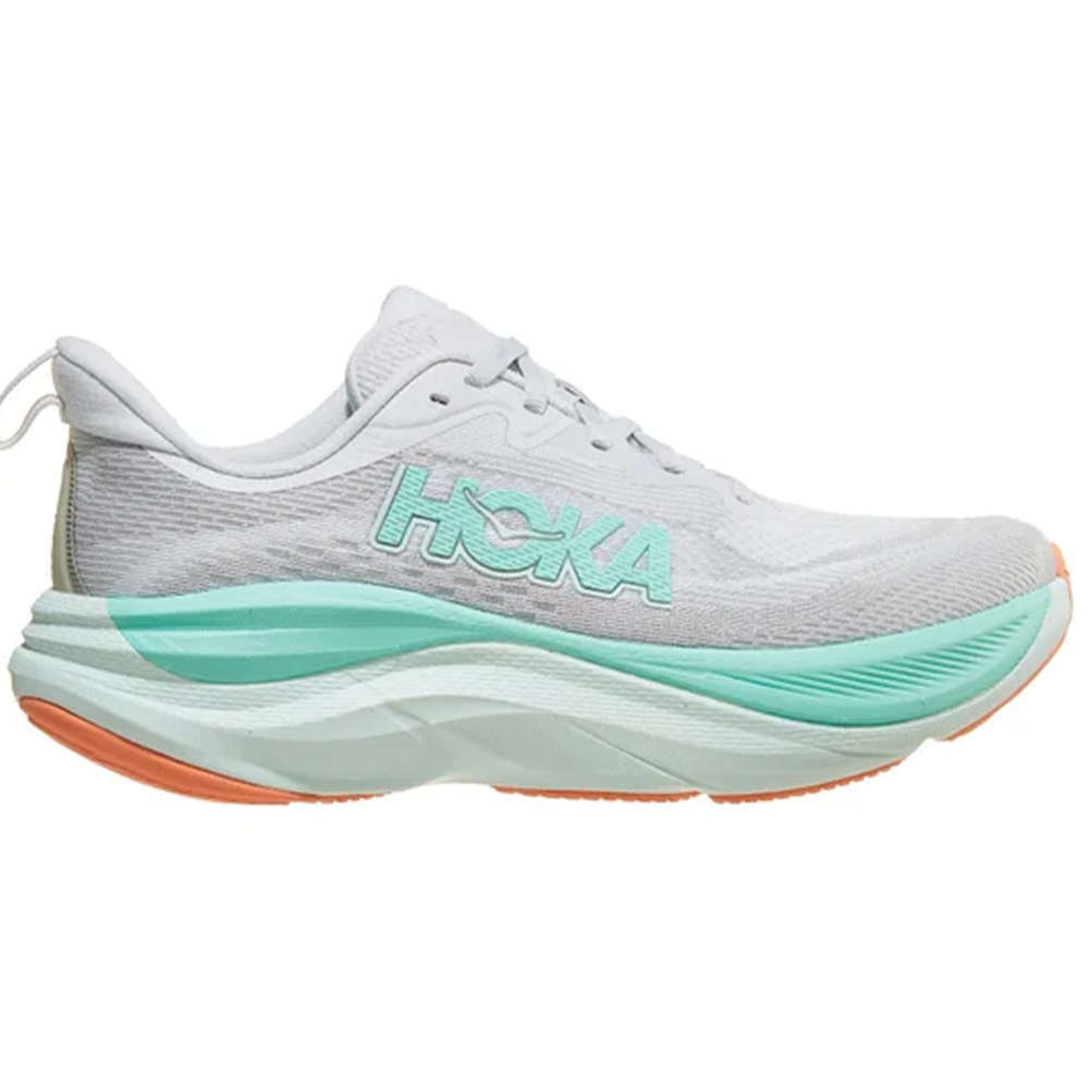 Side view on white background of Womens Hoka Skyflow running shoe in Cosmic Grey/Seafoam, Medium (Regular) width