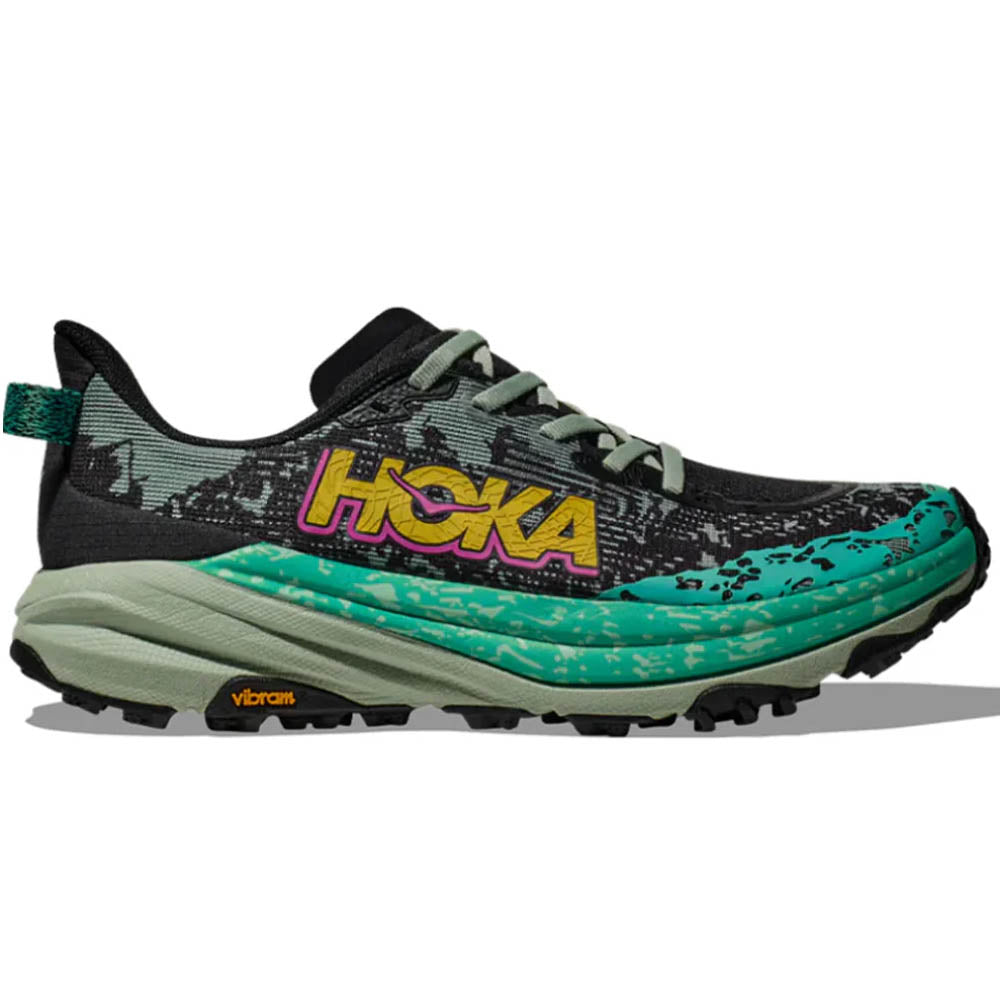 Side view on white background of Womens Hoka Speedgoat running shoe in Black/Aloe Vera, Medium (Regular) width