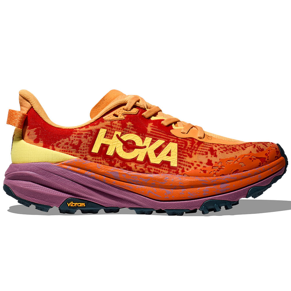 Side view on white background of Womens Hoka Speedgoat running shoe in Sherbet/Beet Root, Wide width